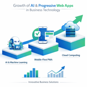 Infographic showing the rise of AI and PWA technologies in 2026 web development trends.